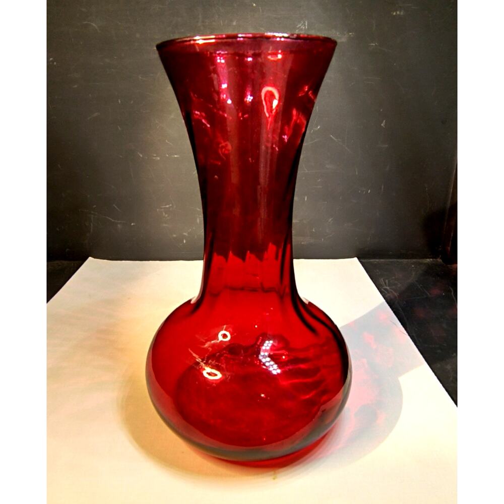 2118. Vintage Cranberry or Ruby Red Glass Vase 8 Inches Bulbous Base